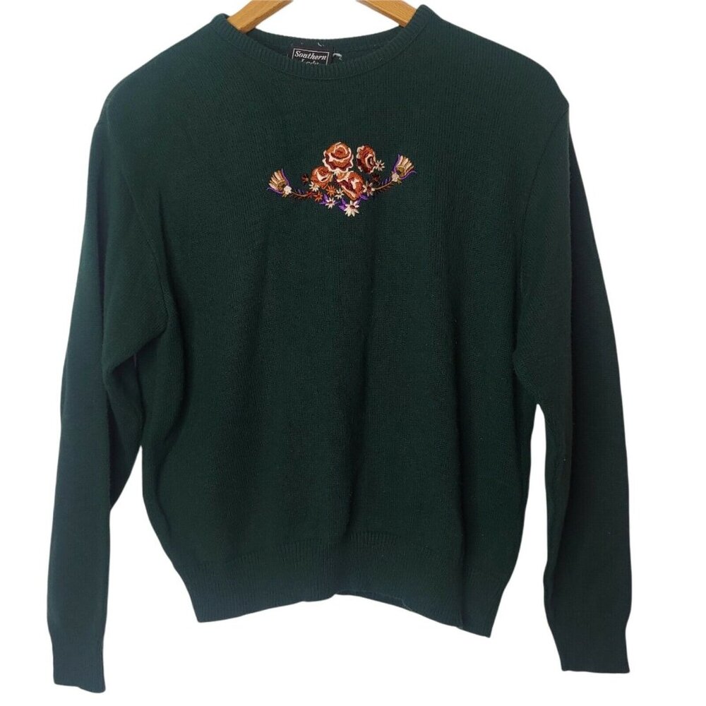 Vintage Southern Lady Womens XL Sweater Green Pullover Flower Cottagecore